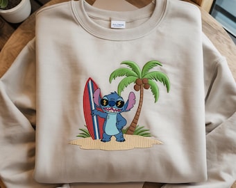 EMBROIDERED Stitch Surfing Sweatshirt, Disney Stitch Aloha Shirt, Stitch Shirt, Ohana Means Family Shirt, Disneyland Summer Shirt