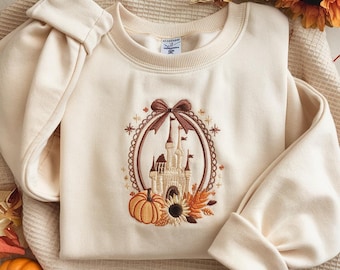 EMBOIDERED Fall Castle Pumpkin Sweatshirt, Magic Kingdom Autumn Sweater, Thanksgiving Disney Castle Shirt, Cozy Fall Disney Outfit