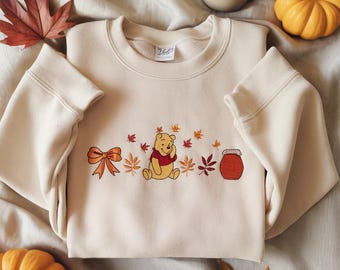 EMBROIDERED Fall Leaves Pooh Sweatshirt, Disney Fall Sweatshirt, Thanksgiving Sweatshirt, Pooh Bear Fall Sweatshirt, Winnie The Pooh Shirt