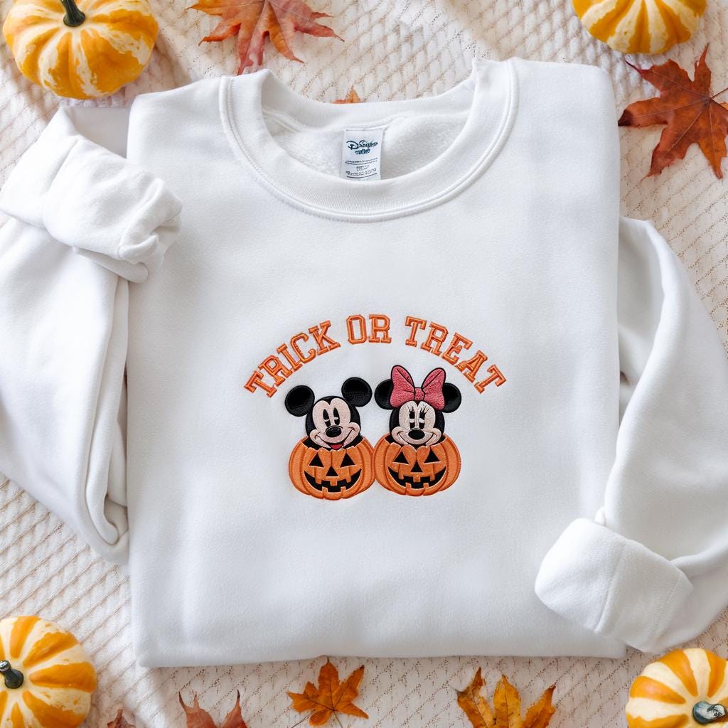 EMBROIDERED Mickey Minne Pumpkin Halloween Sweatshirt, Disney Trick or Treat Halloween Shirt, Disney Couple Halloween Shirt, Pumpkin Shirt