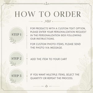 May include: An instructional graphic titled HOW TO ORDER with three steps. Step 1 instructs to enter custom text in the personalization box or send photos via message. Step 2 says to add the item to the cart. Step 3 explains how to order multiple items.