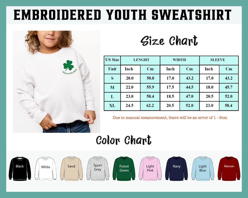 May include: White embroidered youth sweatshirt with a green shamrock and the text "Lucky Little One." The image includes a size chart with measurements in inches and centimeters, and a color chart with options like black, white, and maroon.