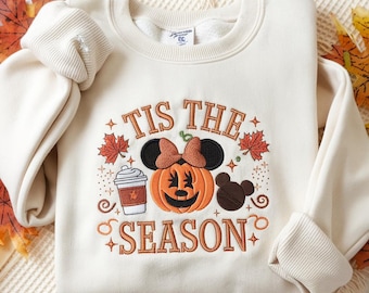 EMBROIDERED Minnie Pumpkin Fall Sweatshirt, Tis The Season Halloween Crewneck, Disney Hallween Shirt, Cozy Coffee Lover Sweater, Fall Vibes