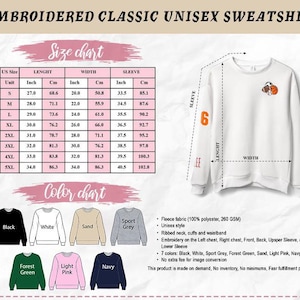 Puede incluir: Sudadera unisex blanca bordada con un dise&ntilde;o de baloncesto y el n&uacute;mero 6 en la manga. La tabla de tallas muestra medidas en pulgadas y cm. Disponible en varios colores, incluyendo negro, blanco y marino.