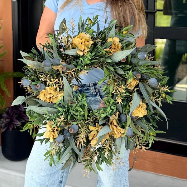 Mustard Yellow and Blue Fall Wreath for Front Doors, Eucalyptus Pod and Hydrangea Wreaths, Autumn Door Hanger, Designer Seasonal Decor