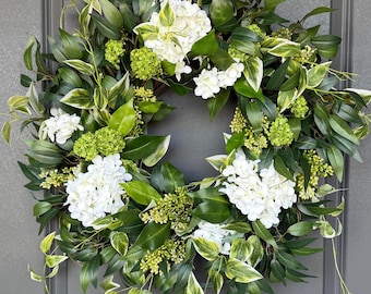 Spring and Summer Wreath for Front Doors, White Floral Home Decor, Elegant Mantel Wreaths, Lush Seasonal Foliage for Decorating