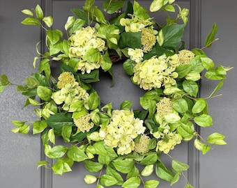 Spring Greenery Wreath with Hydrangeas, Green Hydrangea Wreaths for Front Doors, Neutral Florals for Summer, Gifts for Mom, Gift for Her