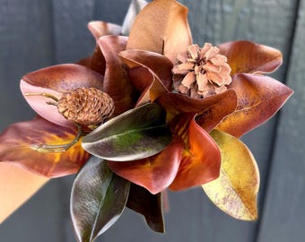 Brown Magnolia Leaf Bundle with Pinecones, Autumn Home Decor, Fall Wreath Making Supplies, High End Faux Florals for Decorating