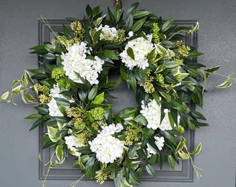 Spring and Summer Wreath for Front Doors, White Floral Home Decor, Elegant Mantel Wreaths, Lush Seasonal Foliage for Decorating