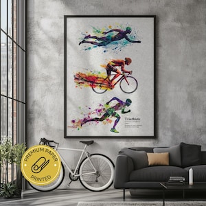 Triathlon Watercolor Wall Art - Poster fisico stampato di alta qualità