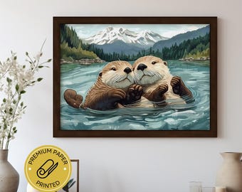 Floating Together: Otter Pair in Nature - Printed Wall Art