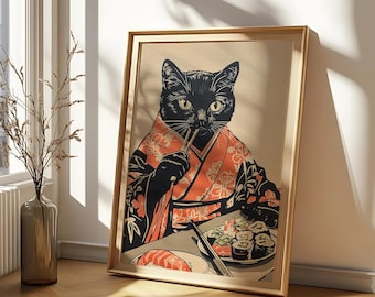 Sushi Lover Cat in Kimono | Japanese Culture Wall Art | Printed & Dijital Variations