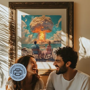 Surreale Strandszene mit Explosionsblock - Retro Kunstdruck - Modernes Poster - Atomic Nuklearbombe Wanddeko