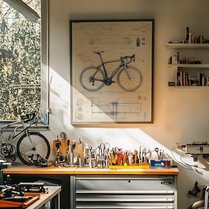 Póster de diseño técnico vintage con diseño de bicicleta de carreras profesional (impreso o digital)