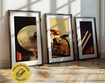 Drum Set Wall Art Vol. III : Drum, Cymbal, and Sticks - A Trio of Music Inspired Printed Decor