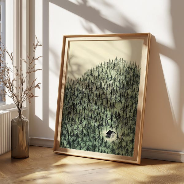 Einsamkeit im Wald - Cabin Illustration - Gedruckte Wandkunst