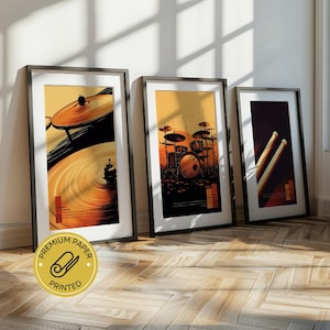 Drum Set Wall Art Vol. IV: Trommel, Becken und Stöcke - Ein Trio aus musikinspiriertem gedrucktem Dekor