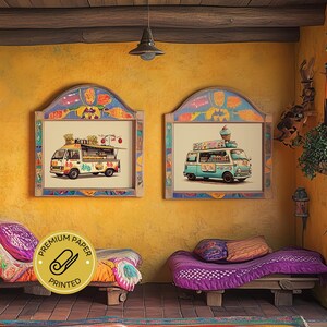 Vintage Imbisswagen Wand Kunst Set - Gedrucktes Set mit 4 Retro Street Food Illustrationen