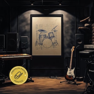 Progetto di batteria - Disegno di strumento musicale - Decorazione murale Bluepint - Progetto di batteria vintage - Arte murale - Regalo per gli amanti della musica