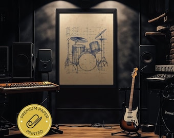 Drums Blueprint - Musical Instrument Drawing - Bluepint Wall Decor - Vintage Drum Set Blueprint Wall Art - Music Lover Gift