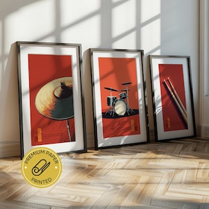 Drum Set Wall Art Vol. II: Trommel, Becken und Stöcke - Ein Trio aus musikinspiriertem, gedrucktem Dekor