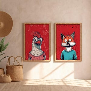 Ilustración de zorro y pollo inspirada en el arte callejero / Decoración de pared urbana vibrante, juego de 2 / Impresiones artísticas impresas o digitales