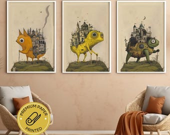Mythical Creatures Trio - Surreal Animal Architecture Art - Set of 3 Printed Posters