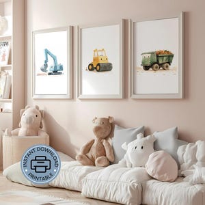Juego de 3 camiones de construcción: arte mural para guardería. Juego de 3 obras de arte para pared imprimibles: excavadora, cilíndrico y camión de reciclaje.