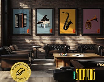 A Symphony of Style: Trumpet, Piano, Saxophone, and Accordion Wall Art - Printed Quarted