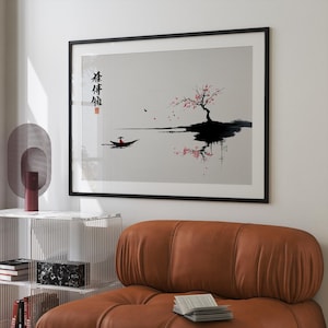 Japanese Sumi-e Print Set: Crane, River, Cherry Blossoms