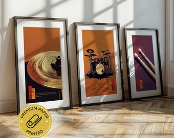 Drum Set Wall Art: Drum, Cymbal, and Sticks - A Trio of Music Inspired Printed Decor