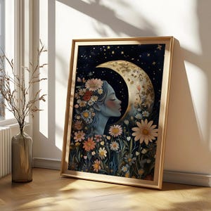 Moonlit Girl with Floral Elegance Wall Art | Blossoms Under Moonlight | Printed or Digital