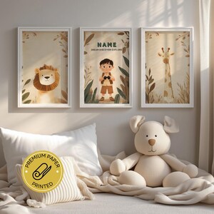 Personalisierte Safari Kinder Kinderzimmer Wandkunst - Gedruckte Wandkunst für Kinder - Individuelle Tier-Wanddekoration