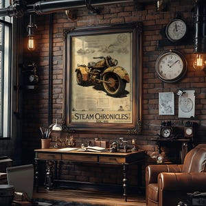 May include: A vintage poster with a steampunk motorcycle illustration. The poster is framed in a dark wood frame and has the text "Steam Chronicles Vol. 445" at the bottom.