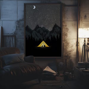 Arte murale digitale con notte stellata in campeggio - Tenda nella foresta sotto il cielo illuminato dalla luna