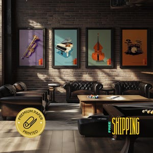 Strumenti musicali jazz: tromba, pianoforte, basso e batteria Wall Art - Stampato in quarti