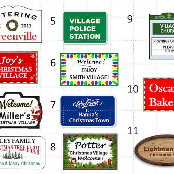 CUSTOM * mini SIGNS * Christmas Village Town * dollhouse * choose one of 100 or make to order
