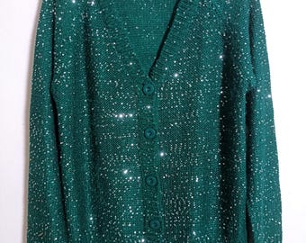 Vintage emerald green cardigan with sequins, size S/M