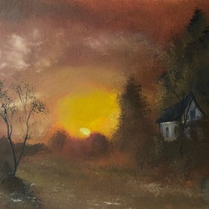 Peinture à l'huile originale - Toile sans cadre - 27 x 35 cm - MAISON D'ENFANCE - Une seule production