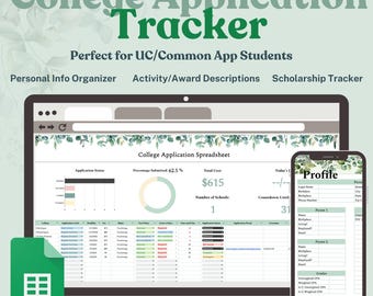Puede incluir: Un rastreador digital de solicitudes universitarias que se muestra en una computadora portátil y un teléfono inteligente. La pantalla de la computadora portátil muestra una hoja de cálculo con el estado de la solicitud, el costo y la información de la escuela. El teléfono inteligente muestra una sección de perfil.