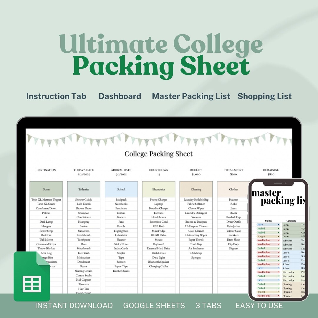 College Packing List Template | Ultimate Dorm Move-in Checklist ...
