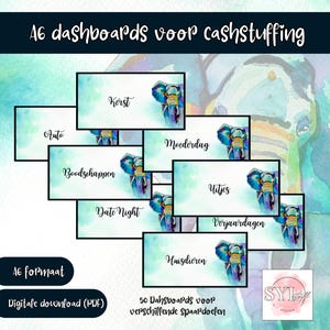 May include: A set of 10 A6-sized printable cash stuffing dashboards featuring colourful watercolour elephants and Dutch text. The dashboards are designed for saving money for various purposes, such as Christmas, car, groceries, date night, and more.