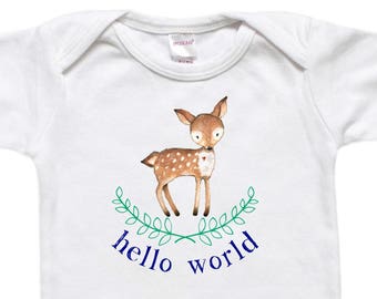 Baby Gift - Baby Bodysuit Shirt - Newborn Gift - Baby Shower Gift - Hello World Boy Deer