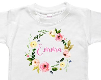 Personalized Baby Bodysuit - Toddler Shirt Tshirt - Baby Shower Birthday Gift - Floral Wreath Flowers Pink