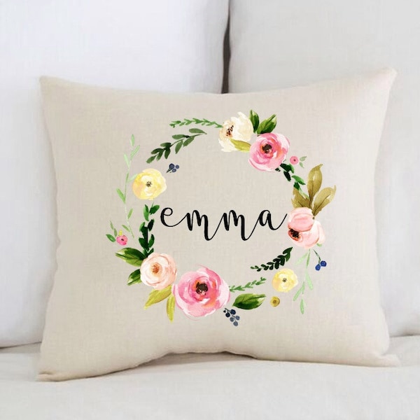 Regalo único para bebé, anuncio de nacimiento, almohada personalizada para bebé, corona floral de acuarela