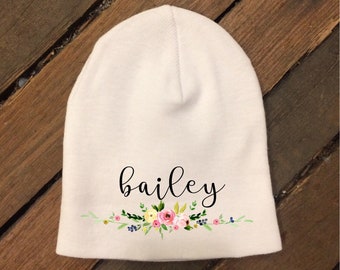 Personalized Newborn Cap Hat - Newborn Gift - Baby Beanie - New Baby -Floral Garland