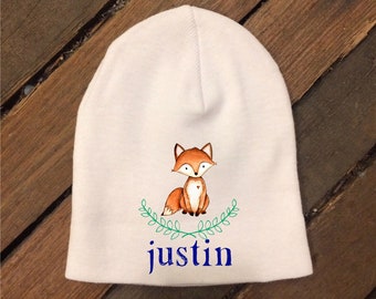 Personalized Newborn Cap Hat - Newborn Gift - Baby Beanie - New Baby - Woodland Fox