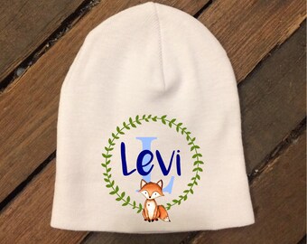 Personalized Newborn Cap Hat - Newborn Gift - Baby Beanie - New Baby - Fox Wreath