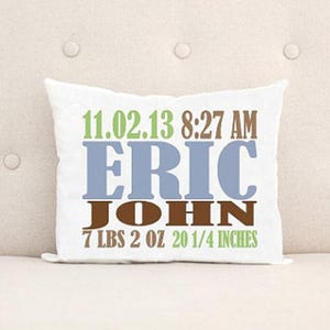 Baby Pillow - Personalized Pillow - Birth Statistics - Birth Announcement - Nursery Decor - Unique Baby Gift - Blue Green Brown