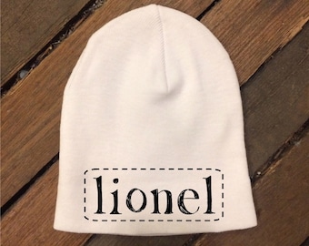 Personalized Newborn Cap Hat - Newborn Gift - Baby Beanie - New Baby - Name with Stitch Border